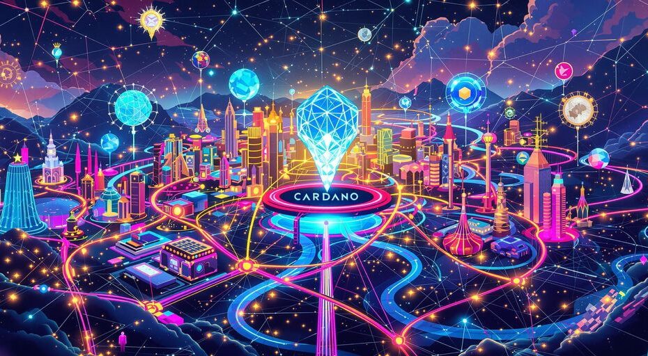 Futuristic digital city with Cardano logo and networks.